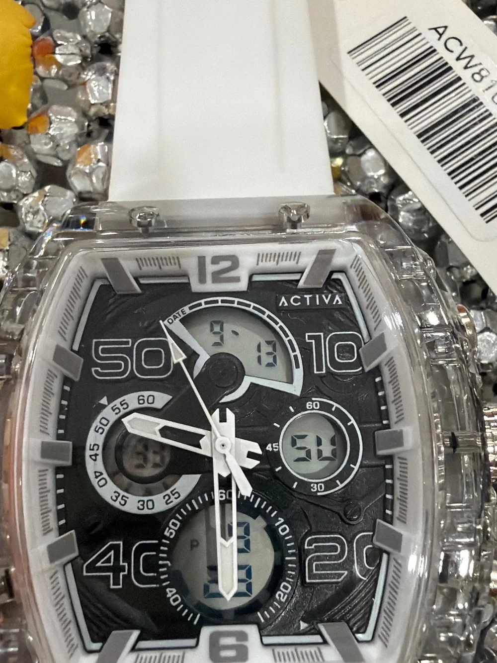 Ativa by Invicta Clear Case Black Dial Sport Watch with White Strap